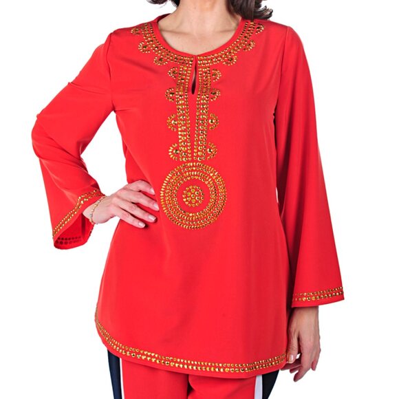 DIANE GILMAN GORGEOUS EMBELLISHED RED TUNIC-TOP, SZ. S - Picture 1 of 2